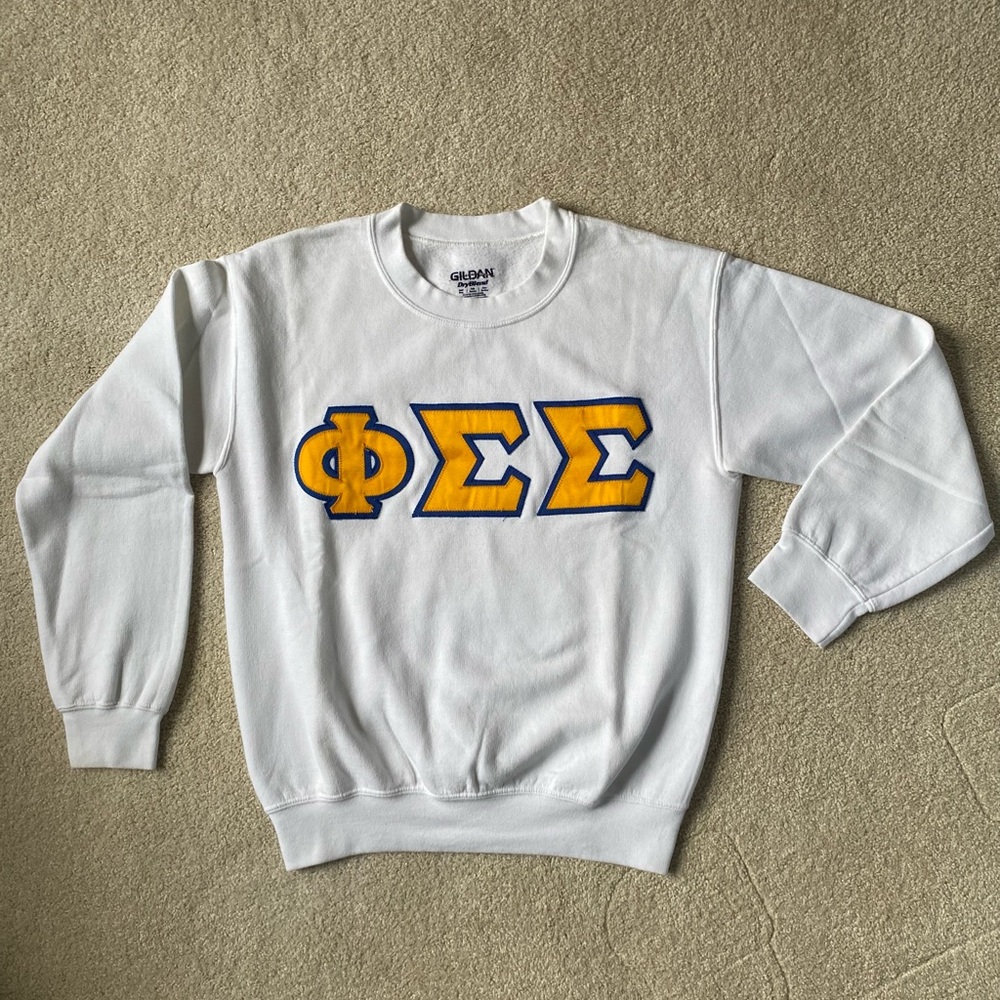 Phi Sigma Sigma White Crewneck Sweatshirt with Gold and Blue Letters